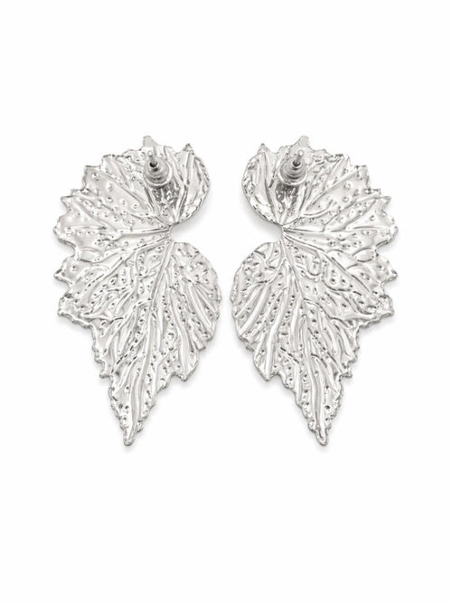 Silver Textured Leaf Statement Stud Earrings Botanical Vein Design