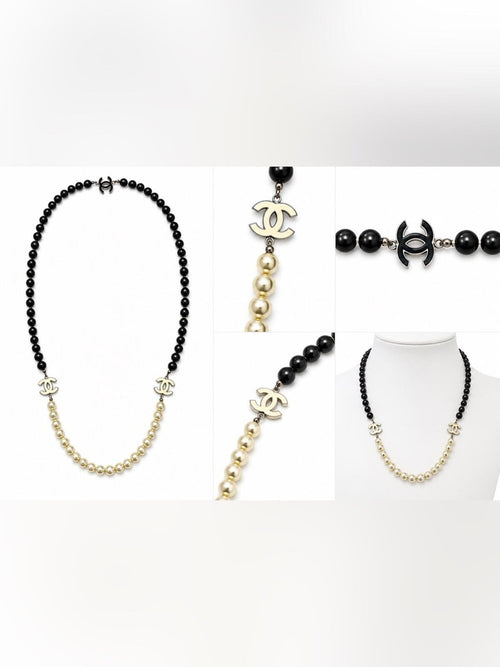 CHANEL Faux Pearl Black Bead Long Wrap Necklace Statement Vintage