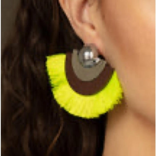 Neon Green Yellow Fan with Brown Leather & Silver Accents Post Earrings