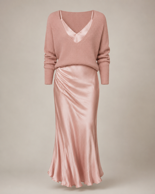 Blush Pink Satin Maxi Dress and Sweater Two-Piece Set