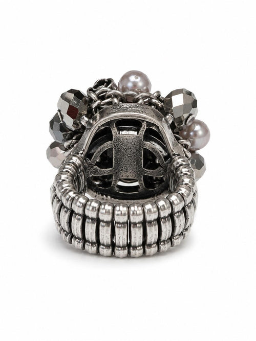 Silver Pearl Rhinestone Cross Charm Stretch Ring Gunmetal Black