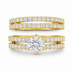 14k Gold-Plated CZ Double Row Stackable Wedding Engagement Ring 2-piece Set - Sable & Red