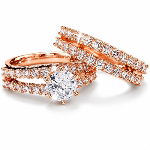 14k Rose Gold-Plate Double Row Stackable Wedding Engagement Ring 2-piece Set - Sable & Red