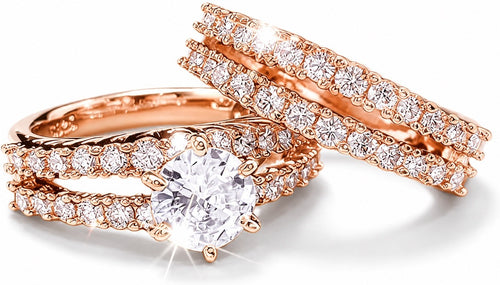 14k Rose Gold-Plate Double Row Stackable Wedding Engagement Ring 2-piece Set - Sable & Red