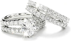 14k White Gold-Plate Double Row Stackable Wedding Engagement Ring 2-piece Set - Sable & Red