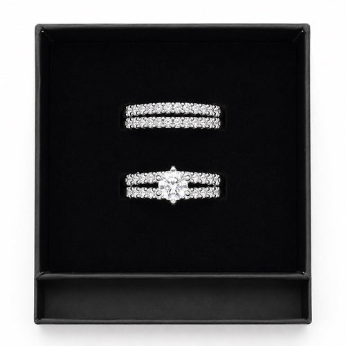 14k White Gold-Plate Double Row Stackable Wedding Engagement Ring 2-piece Set - Sable & Red