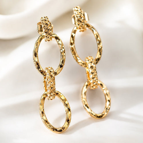 18K Gold-Plated Textured Oval Link Drop Earrings 2” Statement - Sable & Red