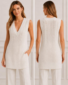 White Sleeveless Knit Tunic Top Deep V-Neck