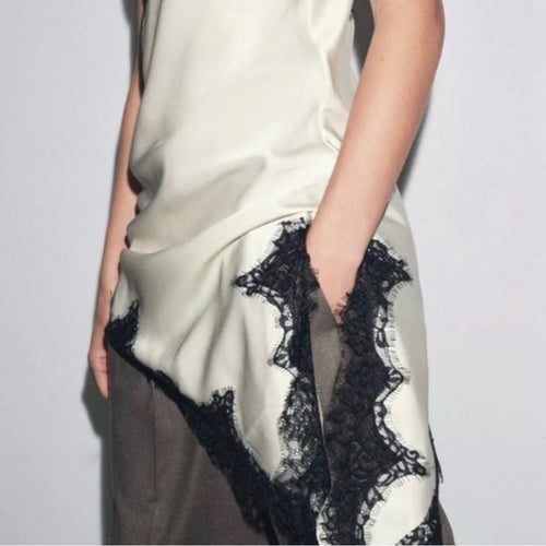 Cami NYC Silk Camisole Sleeveless Dress Top Ivory Asymmetrical Hem Black Lace