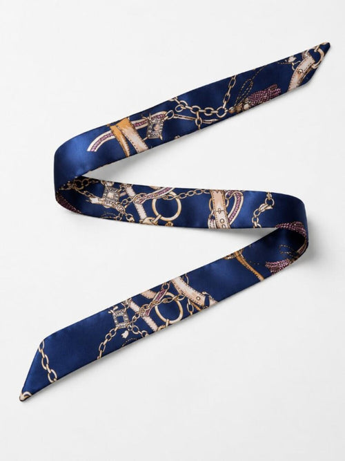 Navy Equestrian Print Skinny Silk Scarf Hair Neck Bag Accent