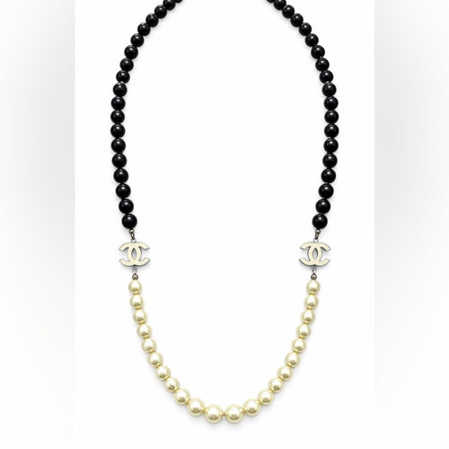 CHANEL Faux Pearl Black Bead Long Wrap Necklace Statement Vintage