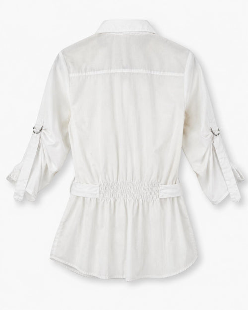 Pretty Good White Belted Utility Tunic Top Roll-Tab Sleeves D-Ring Pockets