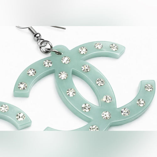Chanel CC Mint Green Rhinestone Double C Logo Acrylic Drop Earrings NEW