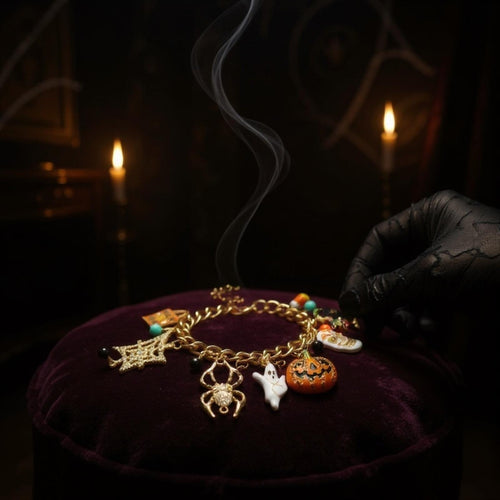 Halloween Charm Bracelet on Gold Chain | Super Cute | Spooky, Ghost, Spider Web