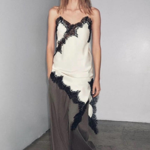 Cami NYC Silk Camisole Sleeveless Dress Top Ivory Asymmetrical Hem Black Lace