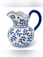 Blue & White Floral Ceramic Pitcher Vase 7.5”