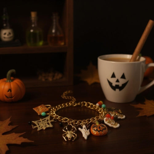 Halloween Charm Bracelet on Gold Chain | Super Cute | Spooky, Ghost, Spider Web