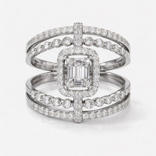18K White Gold Baguette and Round Diamond Wide Three Row Ring Sz 6