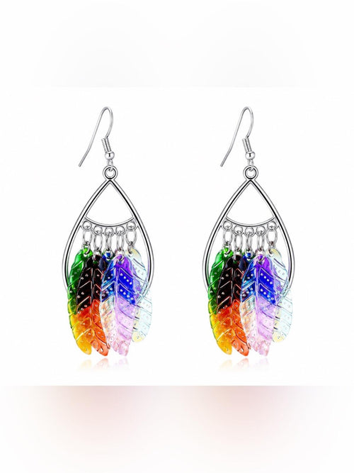 Colorful Iridescent Feather Dangle Earrings Sterling Silver Rainbow Boho