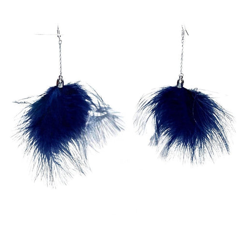 Navy Blue Feather Statement Earrings Drop Dangle Lightweight Fluffy Boho Trendy