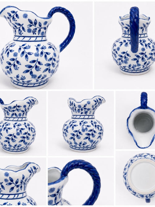 Blue & White Floral Ceramic Pitcher Vase 7.5”