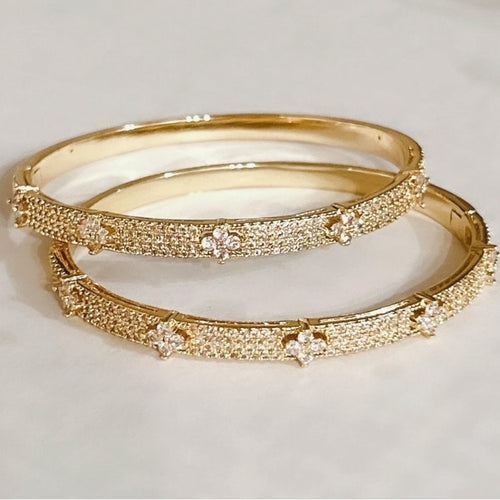 Gold Cubic Zirconia Clover Flower Bangle Bracelet