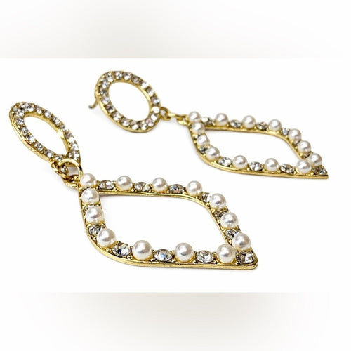Tuckernuck Gold Pearl and Cubic Zirconia Geometric Dangle Earrings NEW