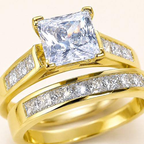 4.5 CTW Gold-Plated Princess Cut CZ Bridal Ring Set - Sable & Red