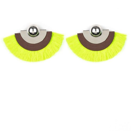 Neon Green Yellow Fan with Brown Leather & Silver Accents Post Earrings