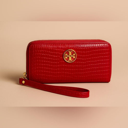 DESIGNER Luxury Pink Croc-Embossed Wristlet Wallet with Gold Emblem