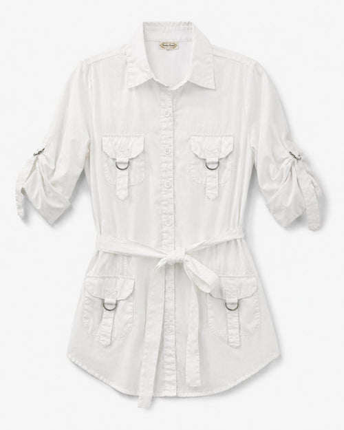 Pretty Good White Belted Utility Tunic Top Roll-Tab Sleeves D-Ring Pockets