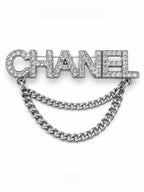 CHANEL Silver Crystal Double Chain Brooch