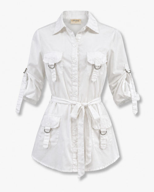 Pretty Good White Belted Utility Tunic Top Roll-Tab Sleeves D-Ring Pockets