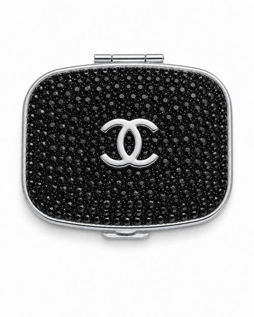 Chanel Black Crystal CC Travel Pill Case Silver Compact with Box