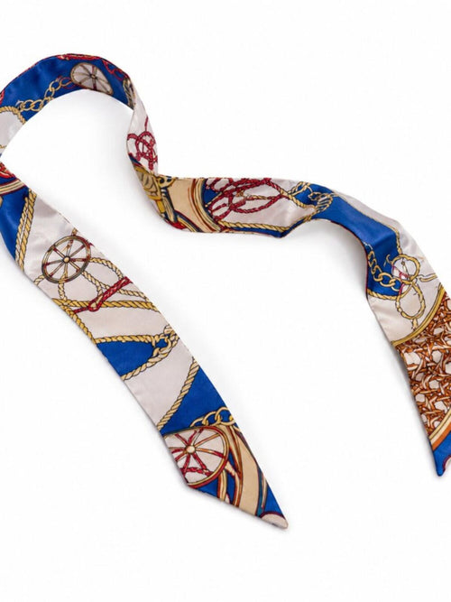 Luxury Nautical Chain Print Skinny Silk Scarf Hair Neck Bag Accessory