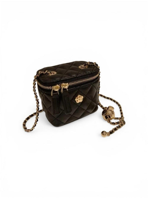 Black Leather Quilted Mini Vanity Crossbody Bag Gold Chain