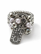 Silver Pearl Rhinestone Cross Charm Stretch Ring Gunmetal Black