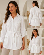 Pretty Good White Belted Utility Tunic Top Roll-Tab Sleeves D-Ring Pockets
