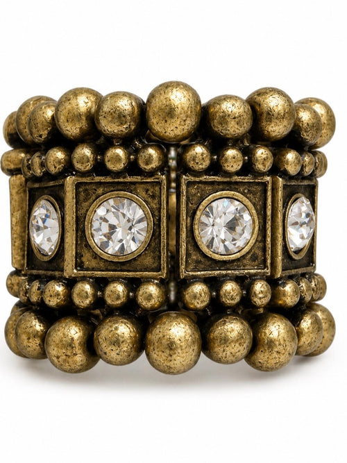 Neiman Marcus Vintage Brass Crystal Stretch Ring Statement Cocktail Boho Luxe