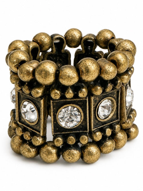 Neiman Marcus Vintage Brass Crystal Stretch Ring Statement Cocktail Boho Luxe