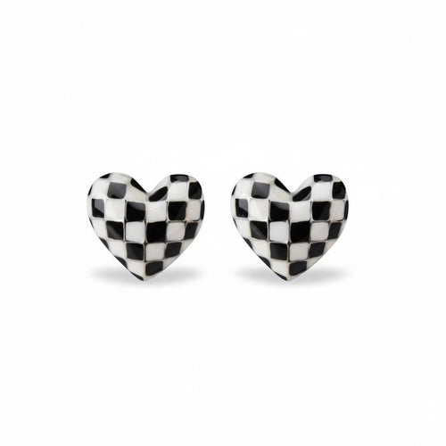 Tuckernuck Black & White Checkerboard Heart Stud Earrings with Gold Outlines