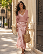 Blush Pink Satin Maxi Dress and Sweater Two-Piece Set