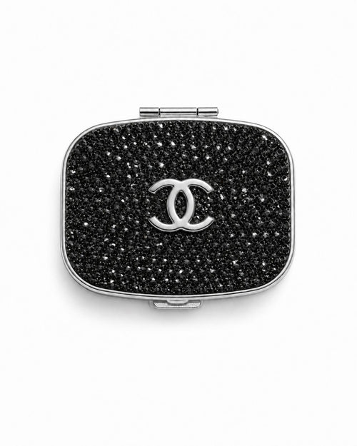 Chanel Black Crystal CC Travel Pill Case Silver Compact with Box