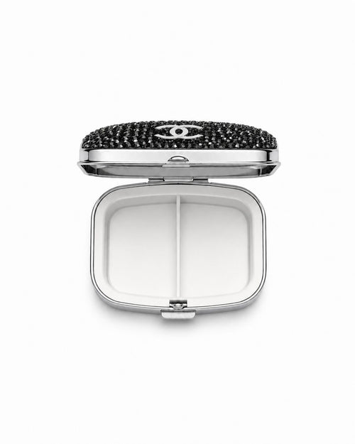 Chanel Black Crystal CC Travel Pill Case Silver Compact with Box
