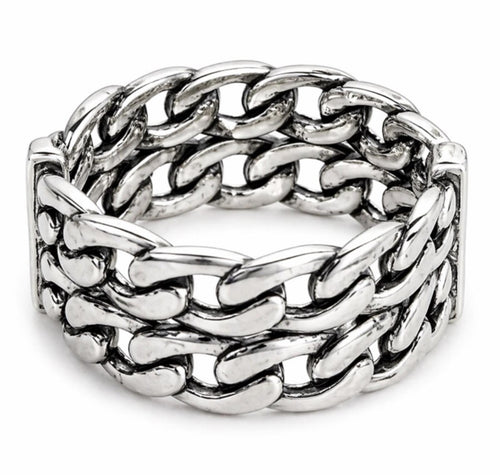 Yves Saint Laurent Paris YSL Chain Link Wide Band Ring Silver S925