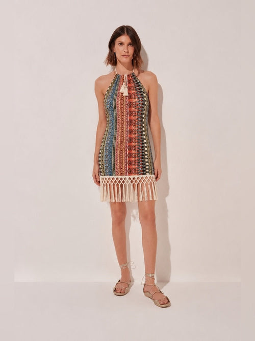 AGUA DE COCO Tropical Mix Boho Halter Top Dress with Macrame Mini Dress - Sable & Red