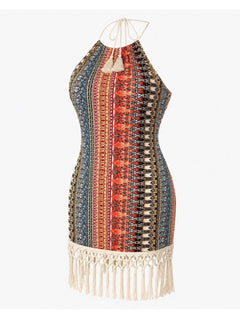 AGUA DE COCO Tropical Mix Boho Halter Top Dress with Macrame Mini Dress - Sable & Red