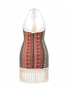 AGUA DE COCO Tropical Mix Boho Halter Top Dress with Macrame Mini Dress - Sable & Red
