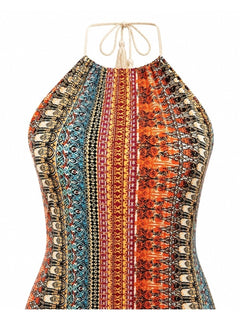 AGUA DE COCO Tropical Mix Boho Halter Top Dress with Macrame Mini Dress - Sable & Red