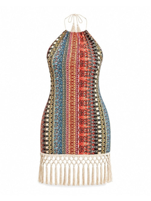 AGUA DE COCO Tropical Mix Boho Halter Top Dress with Macrame Mini Dress - Sable & Red